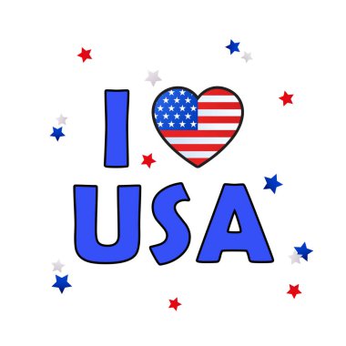 Vector Illustration I love USA with the heart form of national American flag alone on white background with dekarative stars.