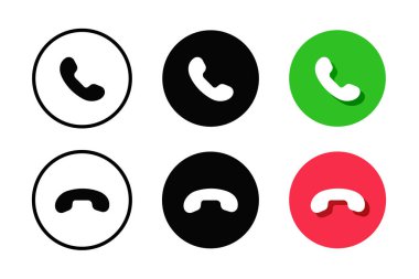 Telefon düğmeleri simgeleri beyaz arkaplanda izole edilmiş farklı bir şekilde aramayı kabul edip kapatır.