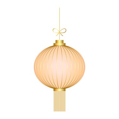 Beyaz arkaplanda izole edilmiş altın elementlerle bej renkli Çin kağıt feneri.