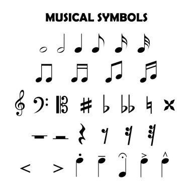 Beyaz arkaplanda izole edilmiş müzik sembollerine sahip eğitim listesi.