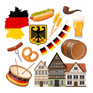 Almanya vektör simgeleri koleksiyonu ulusal bayrak, arma, mimari binalar, mutfak vs. beyaz arka planda izole edilmiş şeyleri içerir..