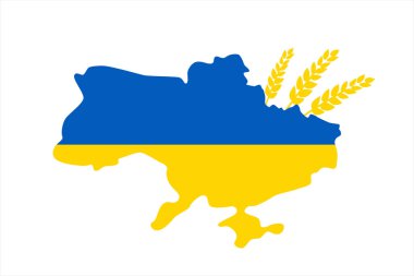 Ulusal bayrak renklerinde Ukrayna haritası da beyaz arka planda izole edilmiş buğday kulakları ile birlikte.