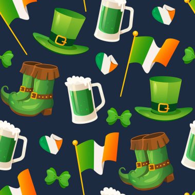 Yaratıcı St. Patrick Günü 'nde İrlanda bayrakları, leprikon botlar ve şapkalar, koyu yeşil arka planda izole edilmiş bira ve yeşil fiyonklar..