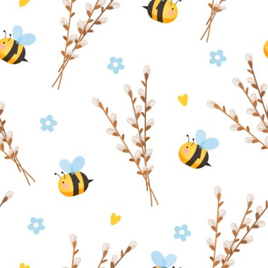 Söğüt dalları, arılar, çiçekler ve kalpler beyaz arka planda izole edilmiş bahar kusursuz deseni..