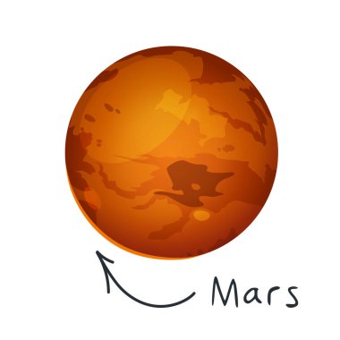 Beyaz zemin üzerinde harf ve karalama oku olan renkli çizgi film Mars gezegeni.