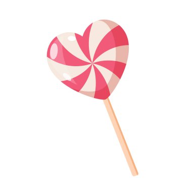 Çubuk üzerindeki lolipop kalp şeklinde pembe renkte beyaz arka planda izole edilmiş..