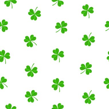 St. Patrick 'in beyaz arka planda izole edilmiş yeşil yonca yoncalarıyla kusursuz bir desen..