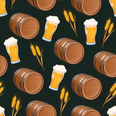 Biranın ahşap fıçısı, bira bardakları ve koyu arka planda izole edilmiş buğday kulakları ile vektörsüz desen..