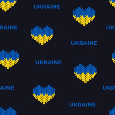 Ukrayna 'nın lekesiz deseni Ukrayna harfleri ve koyu mavi arka planda izole edilmiş Ukrayna bayrağı renklerinde örülmüş kalpler. Ukrayna baskısı, Bağımsızlık Günü kutlamaları