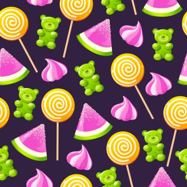 Renkli şekerli vektörsüz desen lolipoplar, jöle şekerler, şekerlemeler vs. içerir. mor arkaplanda izole.