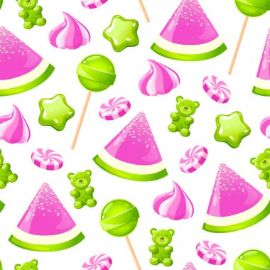Renkli şekerli vektörsüz desen lolipoplar, jöle şekerler, şekerlemeler vs. içerir. beyaz arkaplanda izole.