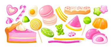 Beyaz arkaplanda izole edilmiş farklı jöle şekerlerinin çizgi film vektör koleksiyonu.