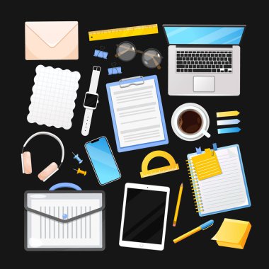 Ofis kırtasiyesi simgeleri dijital cihazlar dizüstü bilgisayar, tablet, akıllı telefon, defter, kulaklık, gözlük, kahve fincanı gibi şeyleri içerir. beyaz arkaplanda izole. 