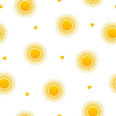 Vector cartoon seamless pattern with decorative glowing sun and heart shape isolated on white background.