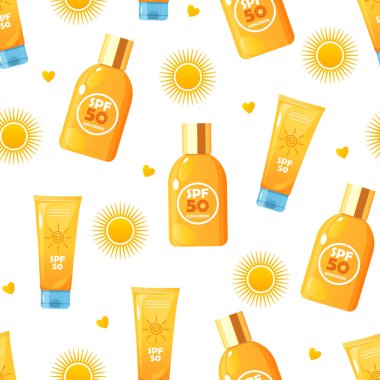 Vector cartoon summer pattern with sunscreen cosmetic bottles, sun and hearts shape isolated on white background.