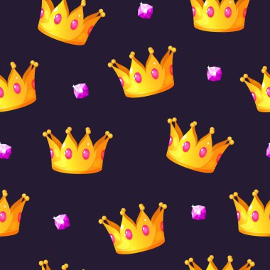 Cartoon vector seamless pattern with royal golden crowns and gems isolated on purple background.