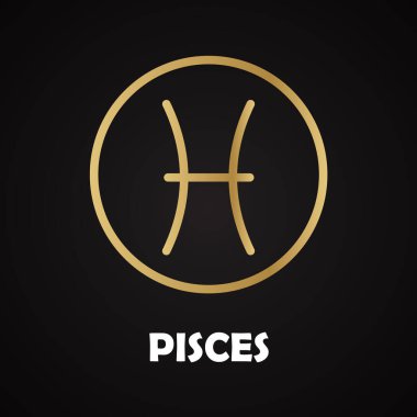 Altın doğrusal zodyak işareti, altın yuvarlak çerçeveli balıklar, koyu arka planda beyaz lettring izole edilmiş..