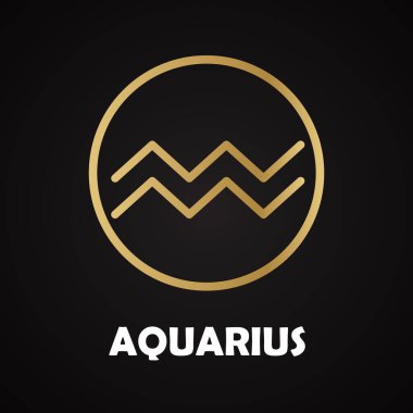 Altın doğrusal zodyak işareti Kova, altın yuvarlak çerçeveli, beyaz lettingolu koyu arka planda izole edilmiş..