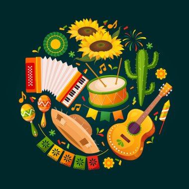 Festa Junina bayram festivalinde parti unsurları koyu yeşil arka planda izole edildi.