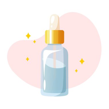 Beyaz arka planda cam serumu olan yüz bakımı ürünleri.