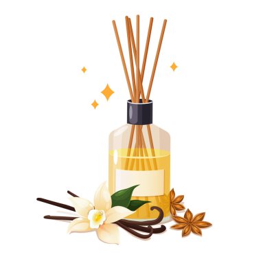 Aroma difüzyon şişesi, beyaz arka planda izole edilmiş rahatlama ve meditasyon için kokulu yağlı çubuklar. Vanilya ve anason yıldız kokusu.