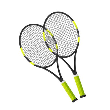 Beyaz arka planda izole edilmiş bir çift tenis raketi..