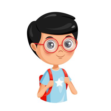 Beyaz arka planda gözlüklü ve sırt çantalı sevimli bir okul çocuğu karakteri..