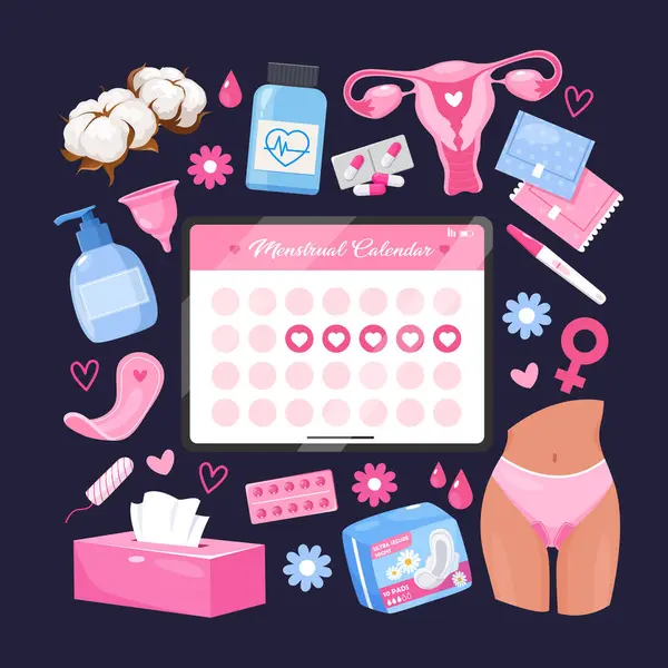 Adet döngüsü ikonları koleksiyonu hijyenik pedler, adet takvimi, tampon, adet kupası, pamuk çiçekler, peçeteler, koyu arkaplanda izole edilmiş haplar içerir..