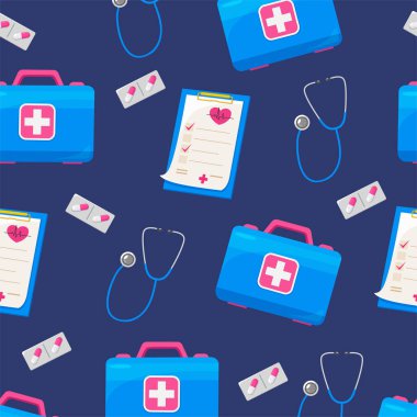 Steteskoplu kusursuz tıbbi şablon, doktor kontrol listesi, ilk yardım kitleri ve koyu mavi arka planda izole edilmiş haplar..