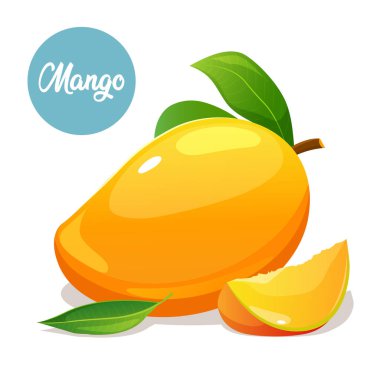 Meyve dilimli sulu mango çizimi ve beyaz arka planda izole edilmiş etiket.