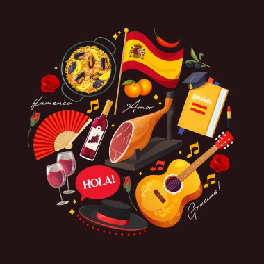 İspanyol sembollü vektör koleksiyonu ulusal gıda, bayrak, gitar, sangria şarabı, sombrero ve benzeri şeyleri içerir. Koyu kırmızı arkaplanda izole edilmiş daire şeklinde.