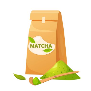 Kibrit çay hazırlama kibrit paketleme ve toz yanında, bambu kaşık ve bitki yaprakları beyaz arka planda izole.