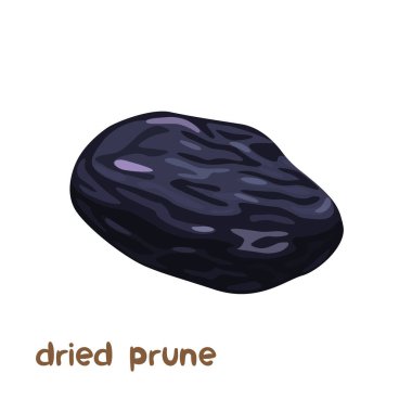 Beyaz arkaplanda harflerle izole edilmiş kuru erik meyvelerinin vektör karikatür çizimi.