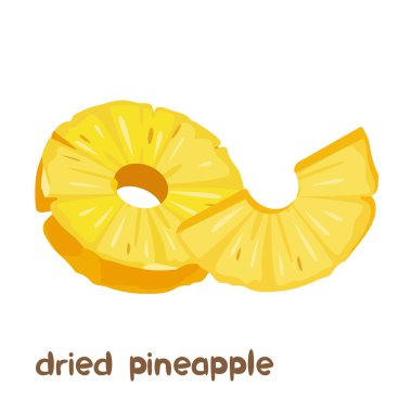 Beyaz arkaplanda harflerle izole edilmiş kurumuş ananas meyvesinin vektör çizimi.