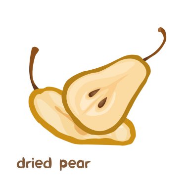 Beyaz arka planda harflerle izole edilmiş kurumuş armut meyvesinin vektör çizimi.