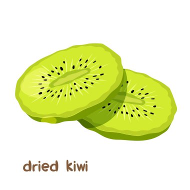 Beyaz arkaplanda harflerle izole edilmiş kurutulmuş kivi meyvesinin vektör çizimi.