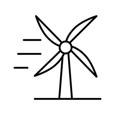 Beyaz arka planda izole edilmiş bir yel değirmeninin minimalist çizgi sanat simgesi. Yenilenebilir enerji, çevre dostu güç kaynakları ve sürdürülebilir kalkınma sunuluyor. 