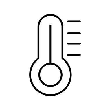 Beyaz arka planda izole edilmiş termometrenin minimalist çizgi sanat simgesi. Sıcaklık ölçümü, hava durumu, sağlık kontrolleri, ateş, iklim ve ısıyı temsil eder. 