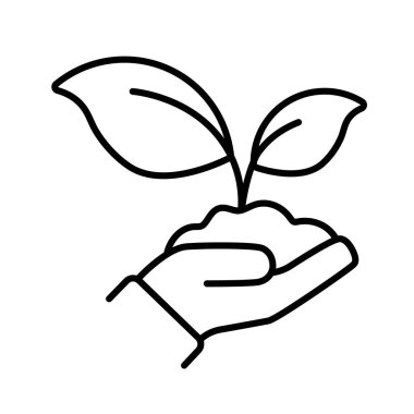 Büyüyen bir bitkiyi tutan bir insan elinin minimalist çizgi sanat simgesi. Doğa için bakım, çevre koruma, sürdürülebilir kalkınma, büyüme ve ekolojik bilinç yaşamını temsil eder. Beyaz bir arkaplanda izole edilmiş. 