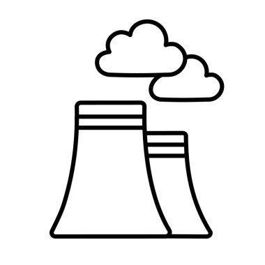 Bir fabrika ve duman minimalist çizgi sanat simgesi, beyaz bir arka planda izole. Sanayi, üretim, imalat, kirlilik ve altyapıyı temsil ediyor. 