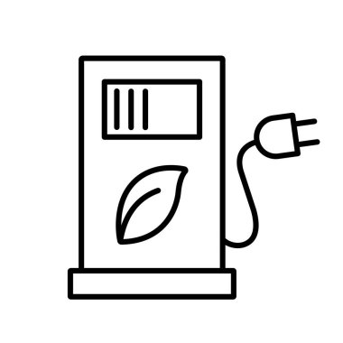 Elektrikli araba şarj istasyonunun minimalist sanat simgesi. Sürdürülebilir ulaşım, yenilenebilir enerji ve eko hareketliliği sembolize eder. Beyaz bir arkaplanda izole edilmiş. 