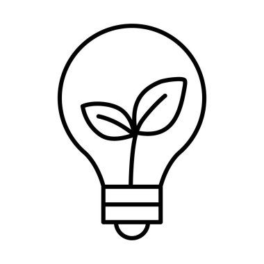 Çevre dostu bir lambanın minimalist çizgi sanat simgesi, sürdürülebilir ışıklandırma, yeşil enerji ve enerji verimli çözümleri temsil eden bir yaprak elementi. Beyaz bir arkaplanda izole edilmiş. 