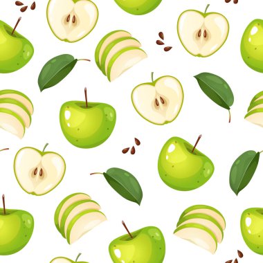 Beyaz arkaplanda tam ve yarım elma, yaprak ve tohumlarla yeşil elma vektörsüz desen.