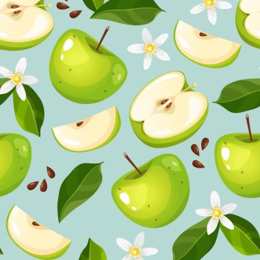 Yeşil elma meyve vektörünün pürüzsüz deseni, bütün elmalar, çiçek açan çiçekler, elma tohumları ve nane arkaplanda izole edilmiş yapraklar..
