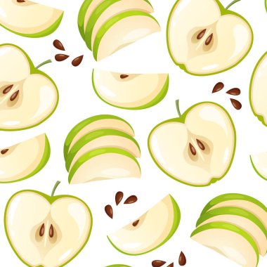 Yarım dilimlenmiş elma ve elma tohumlarıyla beyaz arka planda izole edilmiş yeşil elma ve meyve vektörleri..