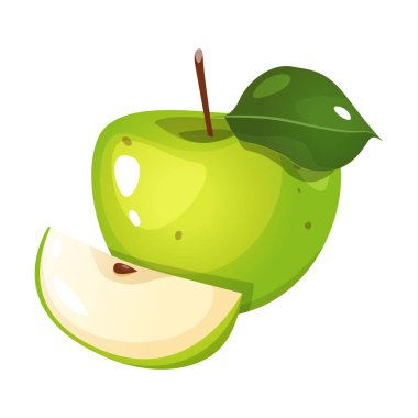 Beyaz arka planda yaprak ve elma dilimli taze yeşil elma meyvesi..