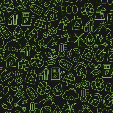 Siyah bir arkaplanda izole edilmiş parlak yeşil çizgi sembollerine sahip ekosistemsiz desen.