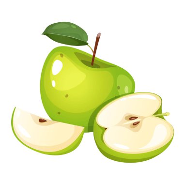 Vektör taze yeşil elma, yarısı ve beyaz arka planda izole edilmiş dilimler..