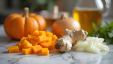 Mermer yüzeydeki sonbahar malzemeleri, iki küçük balkabağı, doğranmış soğan, zencefil, otlar, balkabağı küpleri ve bulanık arkaplanda başka ürünler içerir..