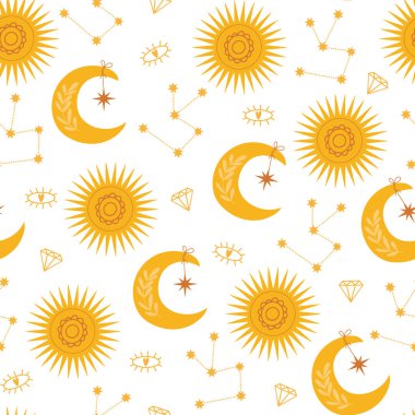 Soyut güneş, ay, takımyıldız ve beyaz arkaplanda izole edilmiş başka bir dekoratif elemente sahip Boho kusursuz desen..